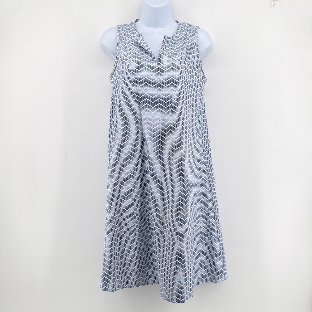 J.McLaughlin Catalina Cloth Shift Dress S Blue White Geo Print Split Neck Midi